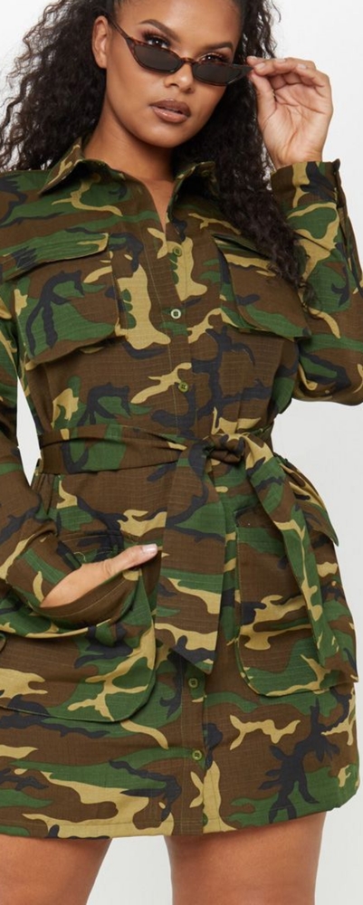 Camo Utility Tie Waist Shirt Dress